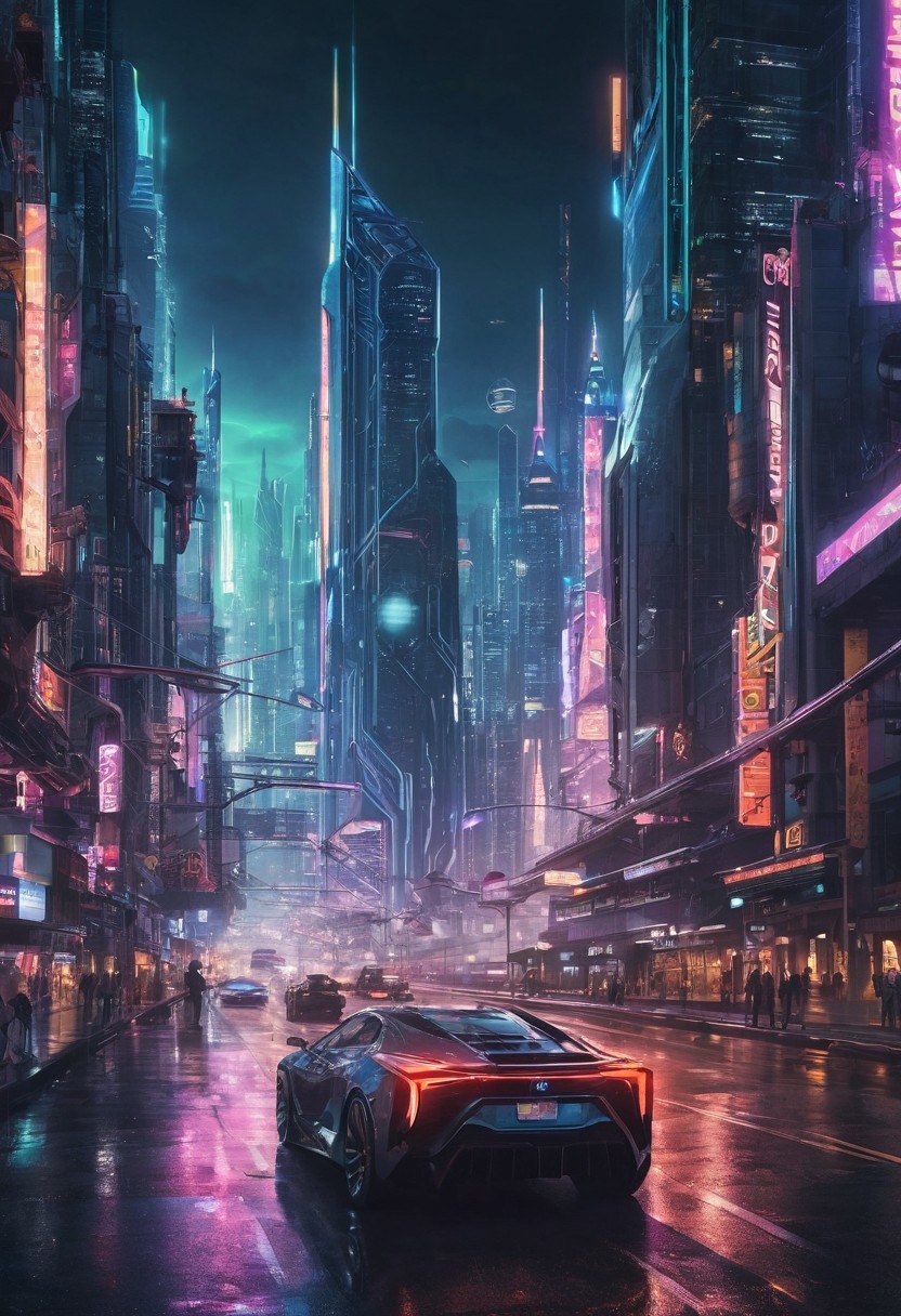 Create a high resolution image of a futuristic city skyline at night, with a focus on advanced transportation systems and towering ,cyberpunk-inspired metropolis, featuring neon lights, holographic advertisementsskyscrapers. Incorporate elements such as drones, flying cars, and high-speed trains. The image should be at least 3000×2000 pixels in size and include details such as reflections and lighting effects