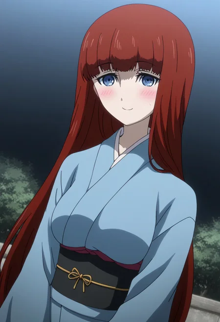 rating_safe, Ultra-high-detailed Anime illustration of Kagari Shiina from Anime Steins;Gate 0. The artwork features Kagari in a solo, standing position with a outdoors, flield and background, background in the sky. night time. night.
She is depicted with intricate details showcasing her large breasts, natural_breasts. She is a white skinned, 22 years old woman. Kagari is looking_at_viewer with perfect_eyes, Her pupils are highly detailed. The eyes are open. blue eyes. Kagari's eyes are highlighted. Highlighted eyevrows.
She has long hair, red colored hair, styled in blunt bangs and floating hair.
She is wearing a blue kimono and black shoes. japanese kimono, kimono.
The artistic style is intricate_details_xl with a focus on Anime art. The color palette emphasizes red and black with detailed strokes to bring out the character's features. The lighting creates dramatic shadows and highlights, adding depth to the artwork. The perspective is from a face focus, dutch angle to enhance the impact of the character's expression. This masterpiece is a true portrayal of Kagari's complex personality and will captivate any fan of Kagari. uncensored, upper body, blushing, smile, Kagari Shiina,
perfecteyes,
<lora:Steins_Gate:1>
kimono
happy new year!