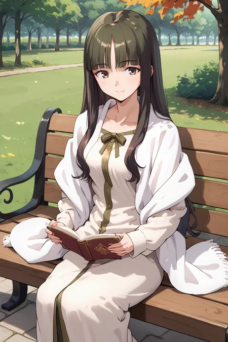 score_9, score_8_up, score_7_up, , source_anime, 1girl, tohsakaaoi, 1girl, solo, long hair, long dress, , shawl, blunt bangs, brown eyes, ribbon ,dark green hair, cowboy shot,, smile , long sleeves, sitting, reading, looking at viewer, park, outdoors, <lora:tohsakaaoi_pony-000010:1>, medium breasts, bench