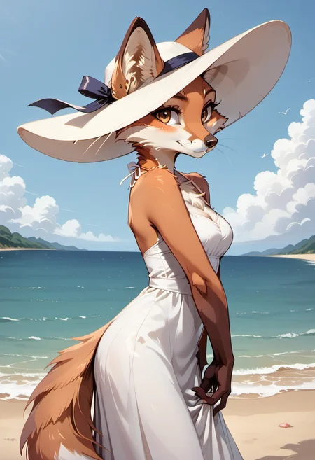 score_9, score_8_up, score_7_up, highres, high quality, perfection, masterpiece, #
###
1girl, (solo: 2.0), side view, cowboy shot,#
###
Lyssa, fox girl, (anthro fox girl: 1.2), white sundress, white sun hat,
###
standing, looking at viewer, smiling, #
###
outdoors, day, beach,