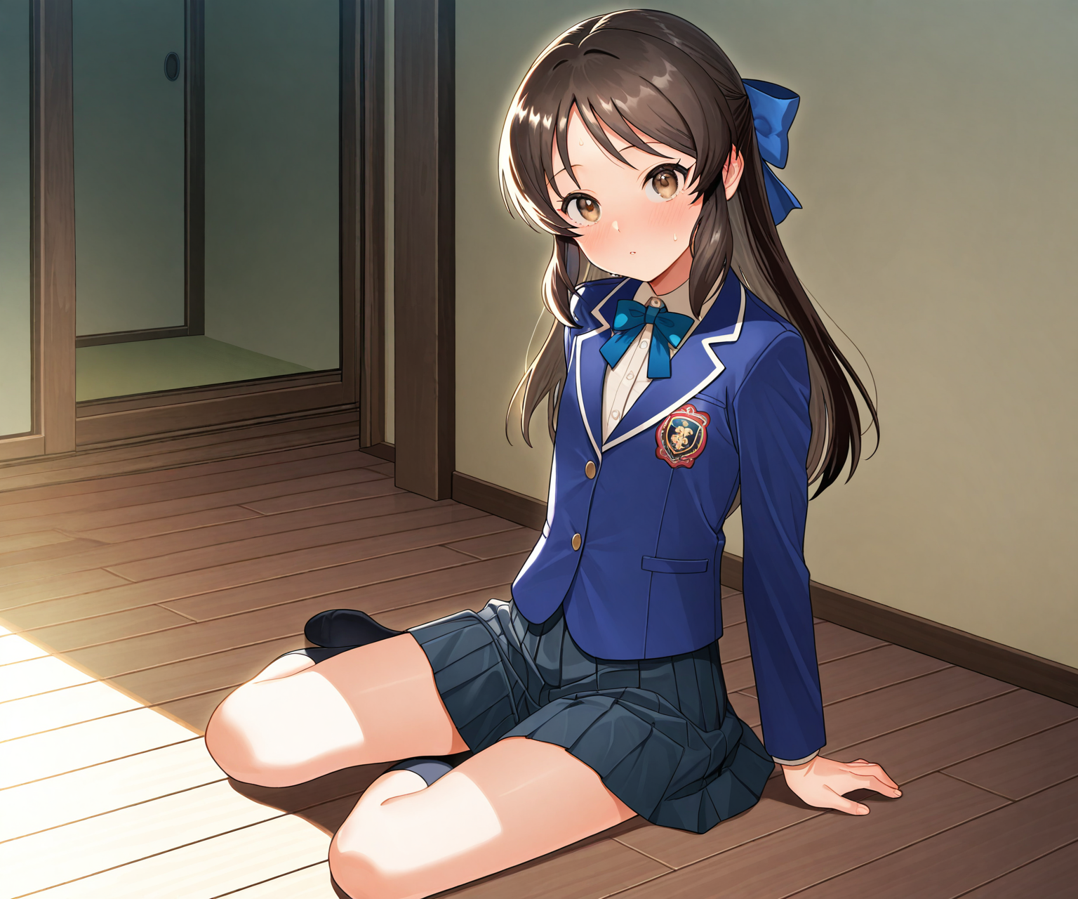 masterpiece, best quality, amazing quality, sfe, 1girl, solo, looking at viewer, shirt, bowtie, pleated skirt, jacket, tachibana arisu,   <lora:Vanadium style ILL-v2:1.2> vanadiumcjf