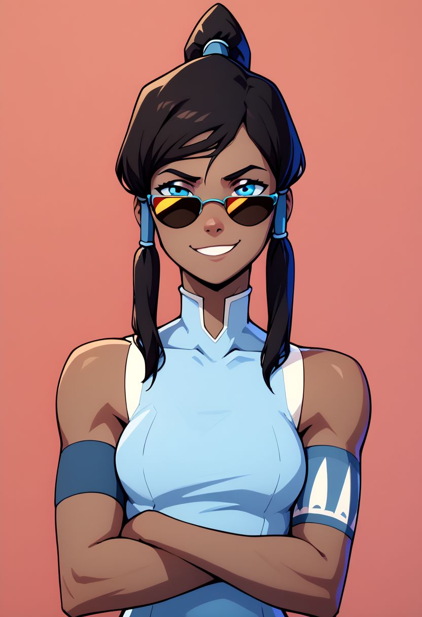 score_9, score_8_up, score_8, medium breasts, (curvy), cute, eyelashes,     
rating safe, 
BREAK, 
aaKorra, (sunglasses, smug), black hair, ponytail, hair tubes, blue shirt, sleeveless, bare shoulders, armband, crossed arms,
,BREAK, 
smile, looking at viewer, cowboy shot,  
abstract background, 
zPDXL, Expressiveh