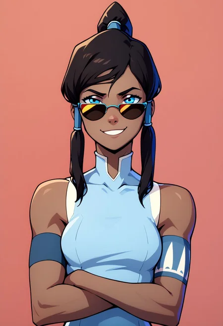 score_9, score_8_up, score_8, medium breasts, (curvy), cute, eyelashes,
rating safe,
BREAK,
aaKorra, (sunglasses, smug), black hair, ponytail, hair tubes, blue shirt, sleeveless, bare shoulders, armband, crossed arms,
,BREAK,
smile, looking at viewer, cowboy shot,
abstract background,
zPDXL, Expressiveh