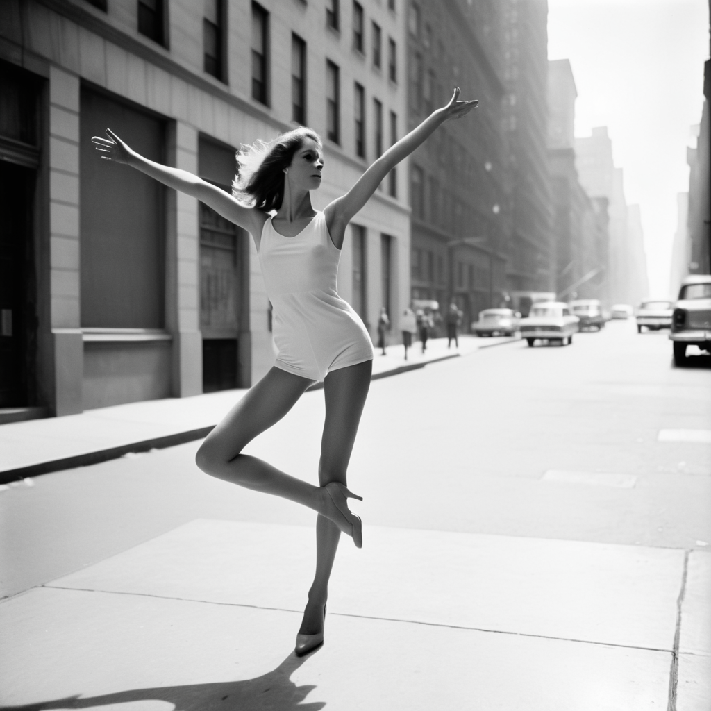 1960s, new york street, haze, young usa woman posing in a strange pose. strong contrast, best proportions, <lora:strange_poses:1>, anatomically correct hands, anatomically correct feet, anatomically correct palms,