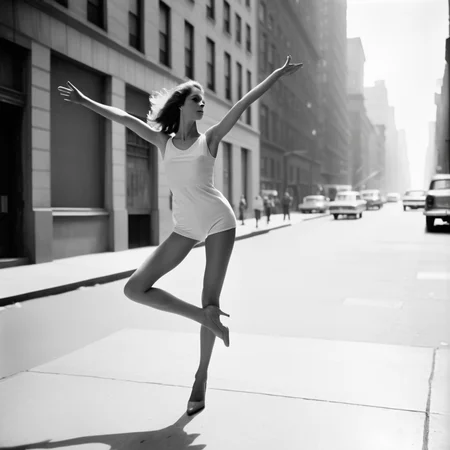 1960s, new york street, haze, young usa woman posing in a strange pose. strong contrast, best proportions, <lora:strange_poses:1>, anatomically correct hands, anatomically correct feet, anatomically correct palms,