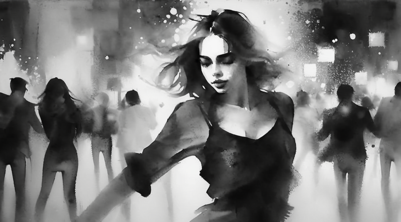 drawix22 girl dancing in a nightclub around a group of people, very detailed <lora:drawix22:1>