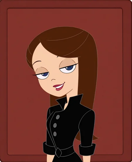 absurdres, highres, <lora:Vanessa_PF_ILLUS:0.8>, vn1, official style, official art, 1girl, black shirt, buttons, sleeves rolled up, pants, blue eyes, brown hair, long hair, red lips, looking at viewer, smile, portrait, head tilt, half-closed eyes,