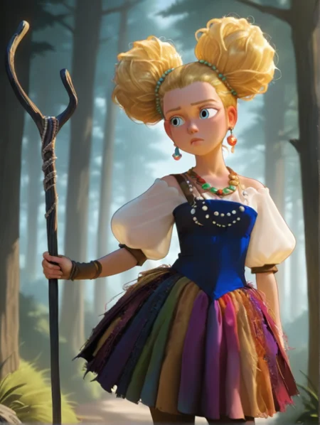 masterpiece, best quality, amazing quality, very aesthetic, absurdres, newest, detailed background, outdoors, dynamic angle, cartoon, cowboy shot, forest,
goldixd, 1girl, solo, jewelry, blonde hair, earrings, staff, striped, necklace, boots, puffy sleeves, hair bun, pantyhose, double bun, dress, standing, posing, blue eyes,
<lora:Goldilocks_-_Dreamworks_Illustrious:1>