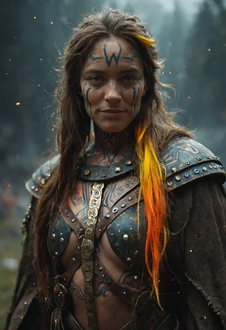nordic 1girl , (viking:1.1) warrior, totaled, skinny, armor, light smile (golden intricite runes tattoos on the neck:1.3), sharp facial feathers, voluptuous, vivid colors , (bokeh, particle efects:1.2), (dark background), cinematic still, (gold highlights:1.3), looking looking at viewer, DOF, cinematic, vivid, vibrant, (hard light:1.4), .score_9, score_8_up, score_7_up,score_6_up, rating_safe