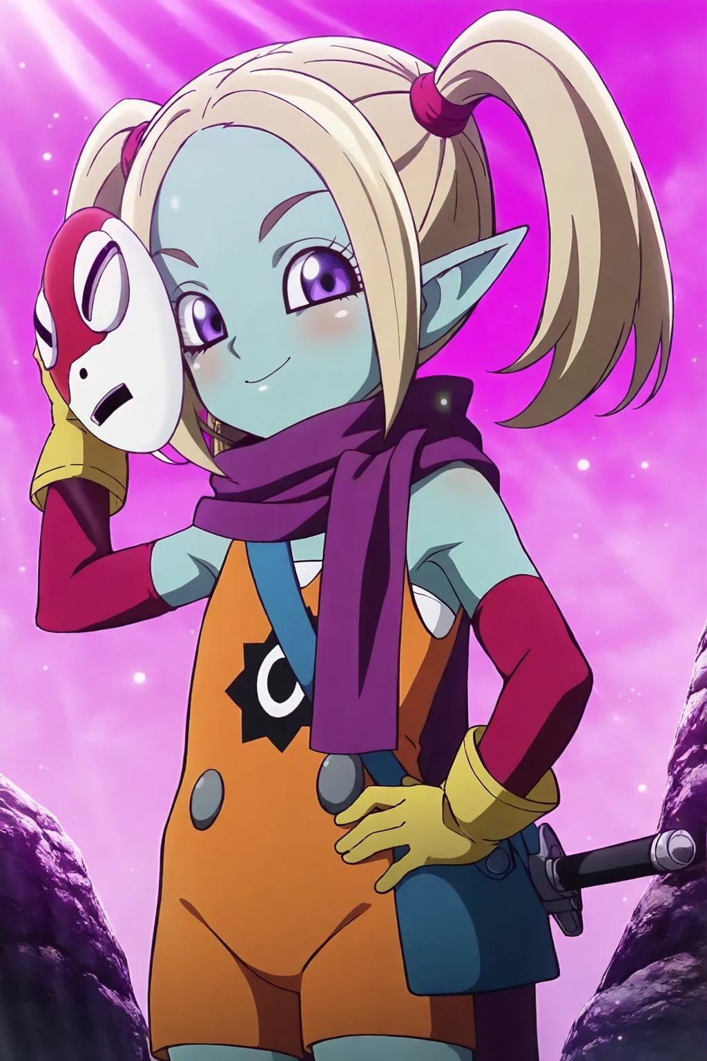 anime screencap, masterpiece, best quality, amazing quality, very aesthetic, absurdres, newest, (scenery, volumetric lighting), dappled sunlight, light particles, light rays,
panzy, official style, anime screencap, 1girl, solo, pointy ears, purple eyes, colored skin, blue skin, blonde hair, twintails, purple scarf, sleeveless bodysuit, orange bodysuit, print bodysuit, logo print, shoulder bag, holstered weapon, white tube top, detached sleeves, red armwear, yellow gloves, armpits, unworn cloak, cowboy shot, looking at viewer, purple sky, rock, outdoors, hand on hip, smile, closed mouth, arm up, holding mask, flat chest
<lora:Panzy_IL:0.8>