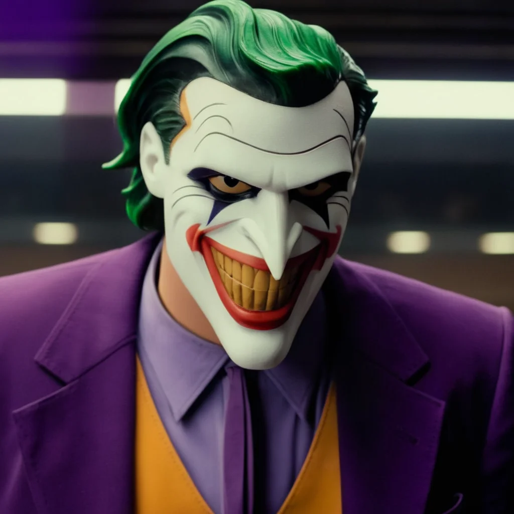 cinematic film still of <lora:Joker:1.5>
The Joker in manga style with a purple suit and tie in Gotham city universe, shallow depth of field, vignette, highly detailed, high budget, bokeh, cinemascope, moody, epic, gorgeous, film grain, grainy