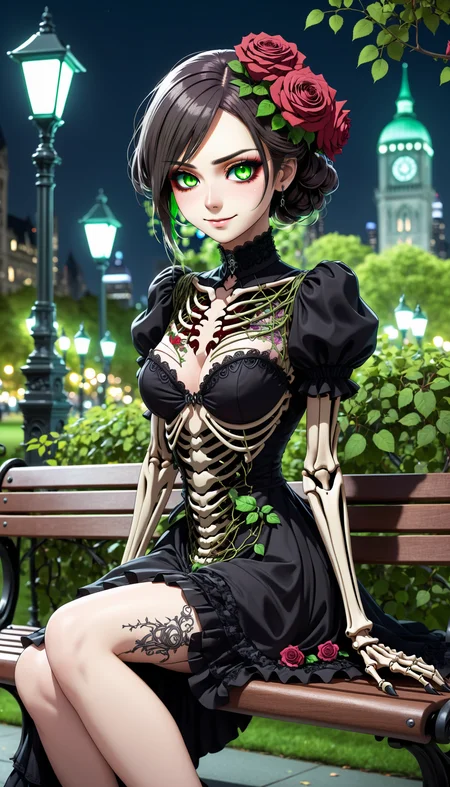 2D anime style, mysterious female character with glowing green eyes and a menacing smile, sitting gracefully on a park bench in a modern city park, wearing a gothic victorian-inspired dress covered in vines and roses. Detailed mechanical skeleton with floral patterns, expressive and eerie aura. Background features a modern cityscape with skyscrapers, streetlights, and bustling people, extreme complexity and details, bold outlines, flat shading