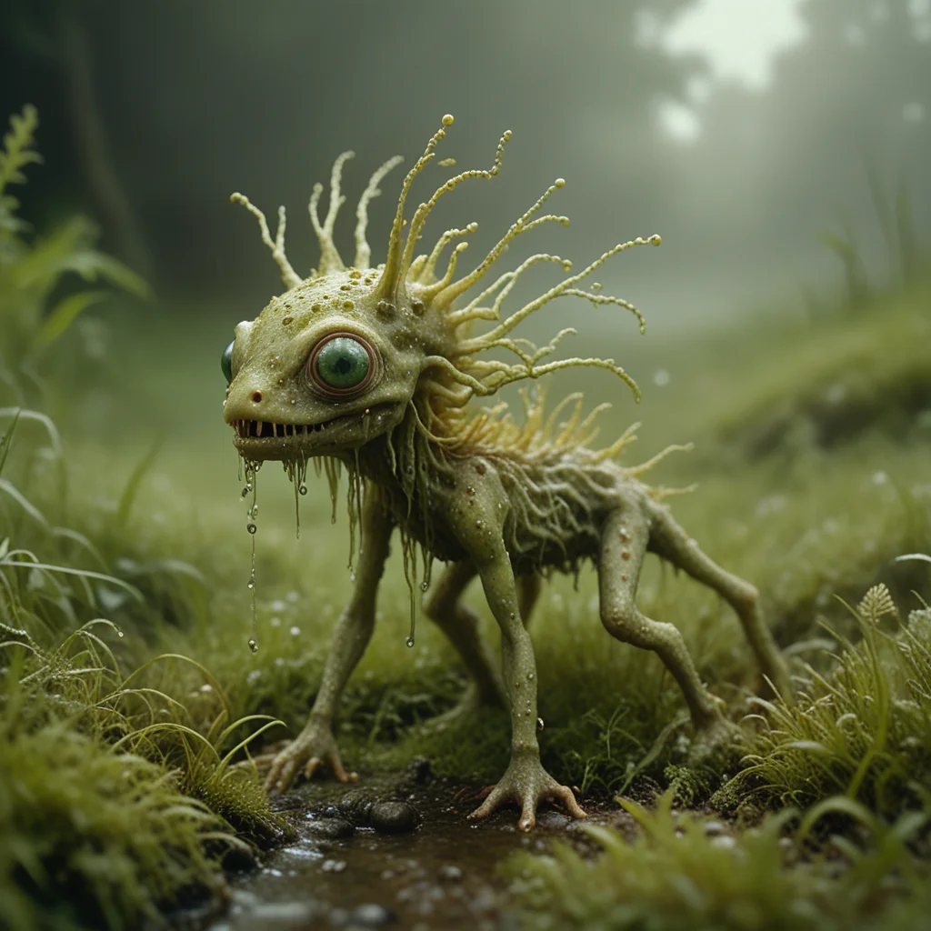 gold PXDlichenmutant, lurking in green grass, amazing nature, natural lighting, analog photo, detailed 4k, creepy creature, moss, stream, water, intricate image details, rainbow shine, dripping water, haze, fog, colorful body dots,