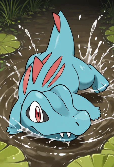 masterpiece, best quality, no humans, solo, zzTotodile, rolling down a muddy hill with wild joy, splashing into a murky pond and sending ripples across its surface. ,<lora:TotodilePokedex_IXL:1.0>,