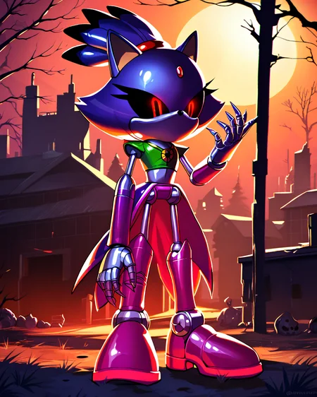 score_9, score_8_up, solo, Blaze the cat, glowing eyes, black sclera, robot, metal skin, shiny skin, no mouth, outdoors, robot joints, night, (dark lighting), (horror theme), apocalyptic, <lora:Robotization_Pony:0.7>, score_9, score_8_up,
