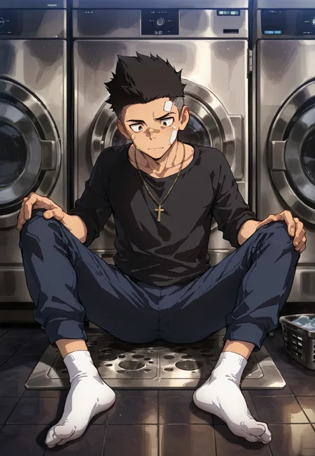 safe_pos, betm, solo, 1boy, male focus, edgerunner, bandaid on face, black shirt, cross necklace, sitting on ground, black shirt, long blue pants, white socks, spread legs, hand on knee, front view, pov from washing machine, masterpiece, best quality, amazing quality