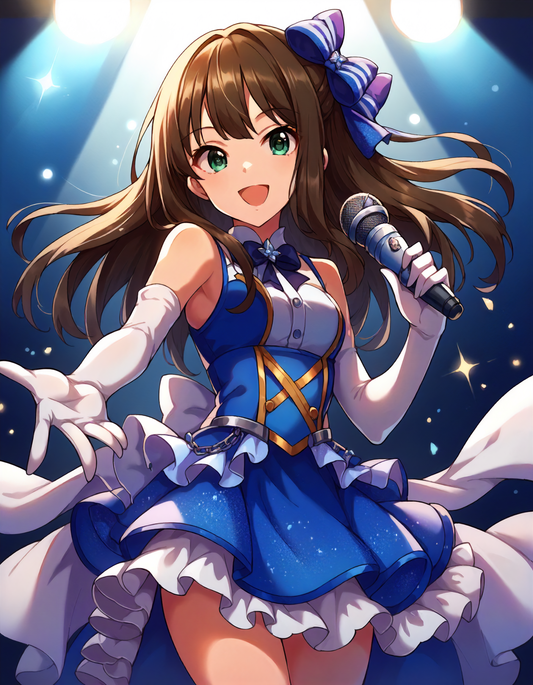 score_9,score_8_up,score_7_up,1girl,solo,cowboy shot,looking at viewer,smile,open mouth,holding microphone,stage lights,
<lora:shibuyarin_ponyXLV6:0.8>,cgsbr,
brown hair,long hair,sidelocks,green eyes,
hair bow,blue dress,sleeveless,white elbow gloves,frilled skirt