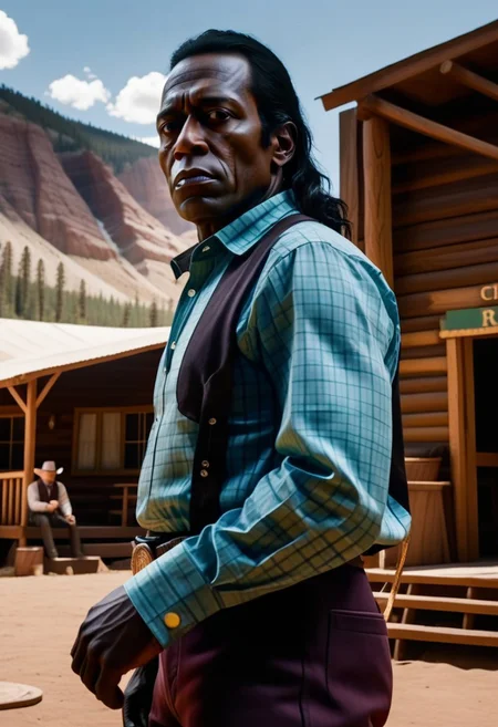 cinematic film still, lifestyle shot
saturated colors,  
negative space, 
1 adult man, 
RDR2Charles, black hair, brown eyes, long hair, dark skin
(breaking bad style), face of Gus Fring, dark complexion, black hair,  curly hair, elegant shirt, clean shaven
leading lines, ray tracing, 
backdrop is a cowboy camp in 1899, 11am.