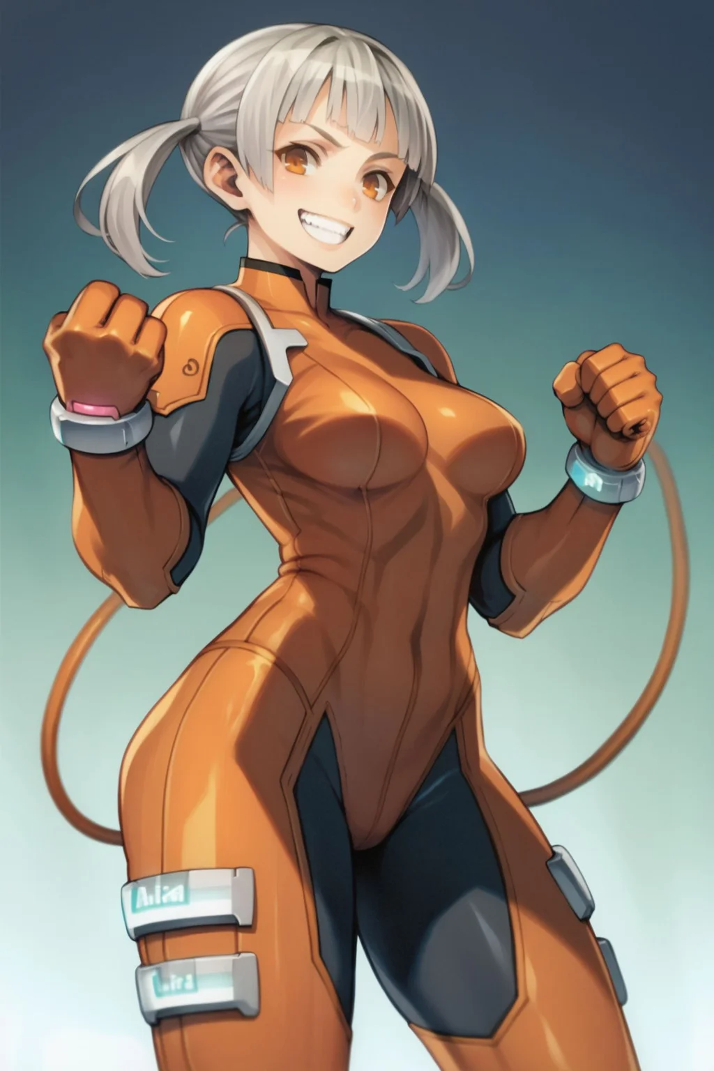 vani-13s, score_9, score_8_up, score_7_up, 1girl, naughty smile, light grey hair, hair intakes, quad tails, orange eyes, dark brown plugsuit, clenched hands, <lora:Vanillaware_all_in_one_PonyXL_style_v02:1>