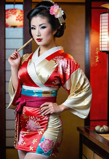 full body fashion photography, sexy geisha, Japanese girl with short vibrantly coloured kimono, (Geiko Shimada Geisha hairstyle:1.3), standing in a sexy and elegant pose with detailed okiya interior background, exposed thighs, highly detailed, (Japanese Bimbo:), (large fake breasts), kimono open to show cleavage, (perfect detailed white face geisha makeup:1.3), blushed cheeks, very detailed big (eyes:1.3), vibrant lipstick, very detailed eyes, very detailed pupils, 1girl, 8k UHD DSLR photo, very detailed face, bmbplora