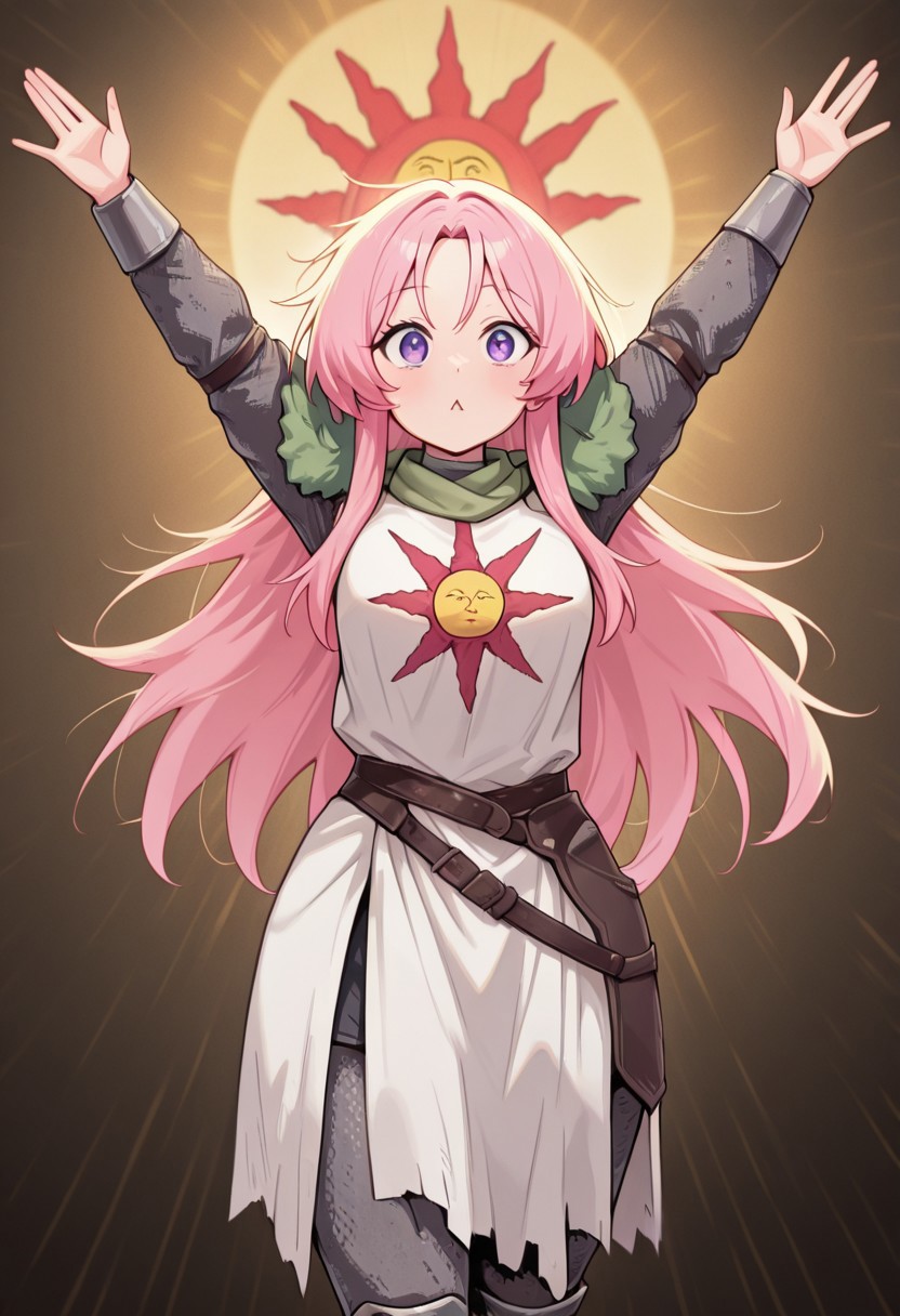 masterpiece, best quality, newest, absurdres, highres,  anime, anime style, TTCSV1.0, CivChan, pink hair, purple eyes, PraiseTS-V1.0, \o/,  outstretched arms, praise the sun,  arms up, SOA-ARMOR-V1.0, armor, sun symbol, chainmail, full armor,