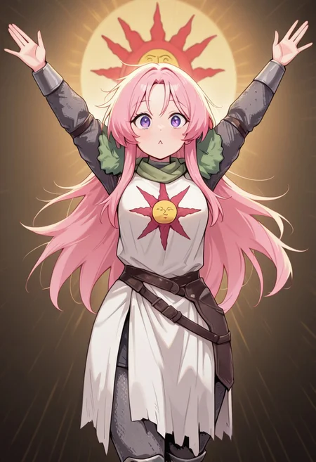 masterpiece, best quality, newest, absurdres, highres, anime, anime style, TTCSV1.0, CivChan, pink hair, purple eyes, PraiseTS-V1.0, \o/, outstretched arms, praise the sun, arms up, SOA-ARMOR-V1.0, armor, sun symbol, chainmail, full armor,