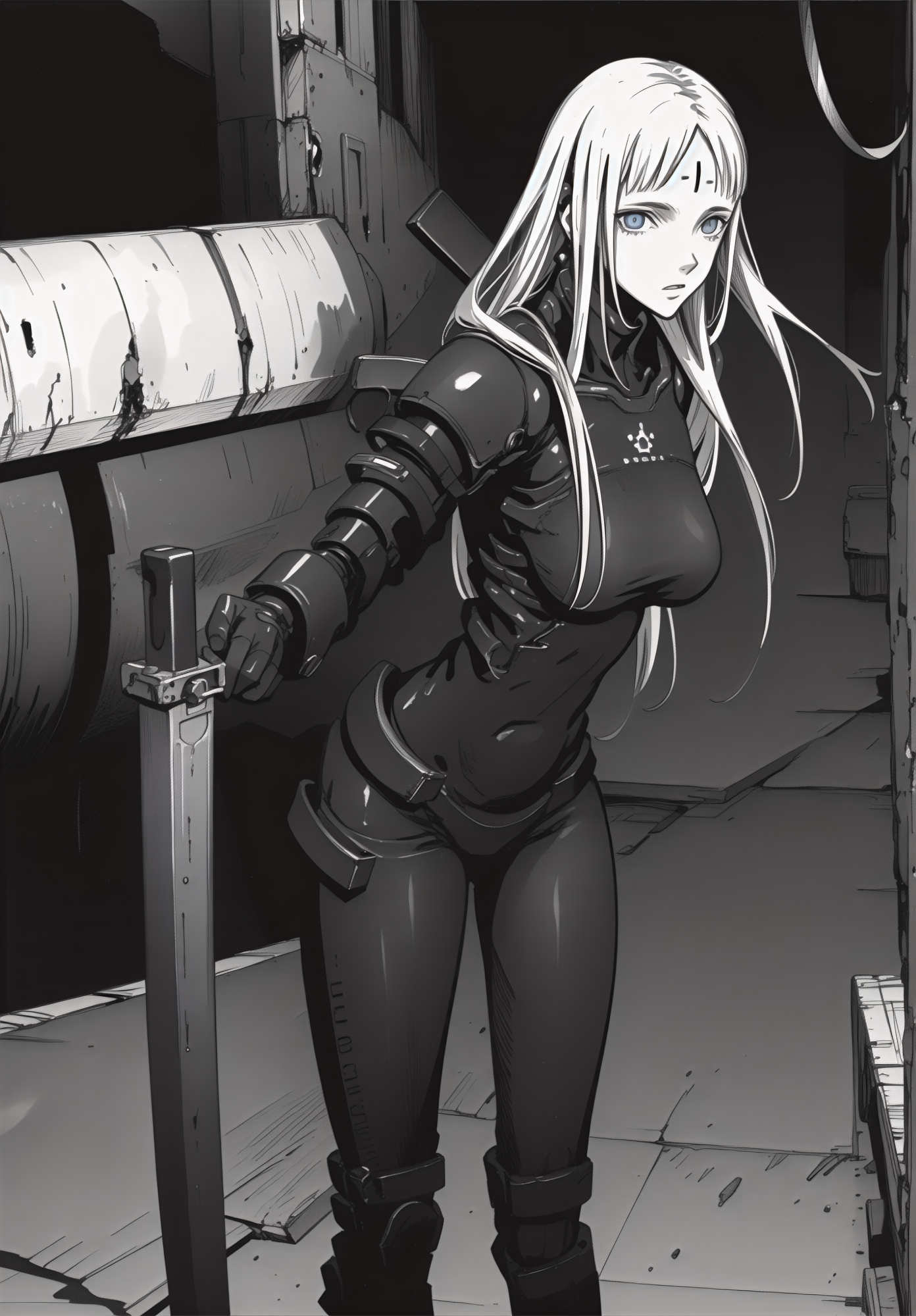 best quality,(beautiful detailed face:1.0), (detailed deep eyes),,<lora:ST anime:0.3>,, <lora:add detail:-0.2><lora:GoodHands-vanilla:1>
,1girl, style, 
, detailed_background,vast, gigantic, decrepit scenery, covered in large tubes and cables, dim light, giant-gross-organic, 
,upper body,weapon, sword, cyborg girl, cords, heavy equipment, bodysuits,medium breasts, sanakan (safeguard), safeguard sign on forehead,
,,<lora:ST inikmixV5:0.4><lora:ST_hipev3:0.3> <lora:blame5:0.8>