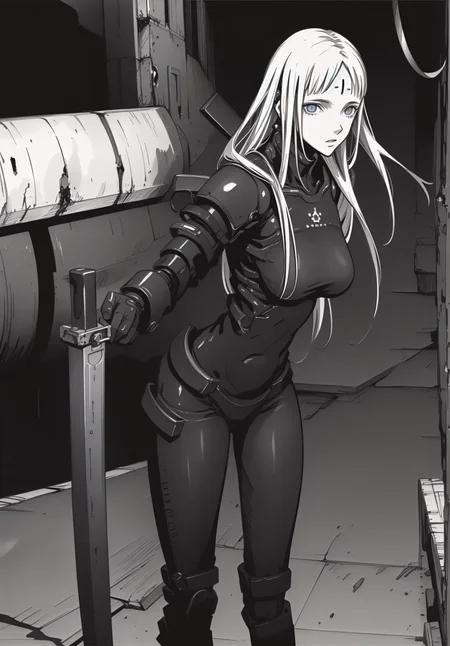 best quality,(beautiful detailed face:1.0), (detailed deep eyes),,<lora:ST anime:0.3>,, <lora:add detail:-0.2><lora:GoodHands-vanilla:1>
,1girl, style, 
, detailed_background,vast, gigantic, decrepit scenery, covered in large tubes and cables, dim light, giant-gross-organic, 
,upper body,weapon, sword, cyborg girl, cords, heavy equipment, bodysuits,medium breasts, sanakan (safeguard), safeguard sign on forehead,
,,<lora:ST inikmixV5:0.4><lora:ST_hipev3:0.3> <lora:blame5:0.8>