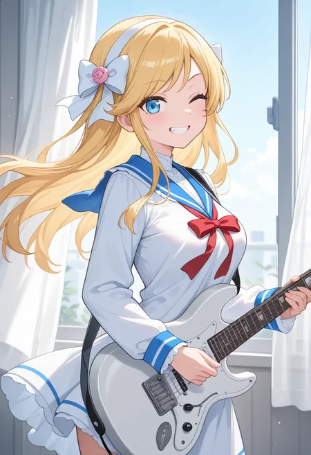 1girl,solo,<lora:arishianail:0.9>,ogata_arishiana,blonde hair,long hair,blue eyes,hair bow,hairband,flower,hair flower,dress,sailor dress,sailor collar,long sleeves,looking_at_viewer,cowboy_shot,from_side,smile,wink,clenched_teeth,day,studio,white guitar,holding_guitar,playing_guitar,wind,curtain,incredibly absurdres,masterpiece,best quality,good quality,newest,