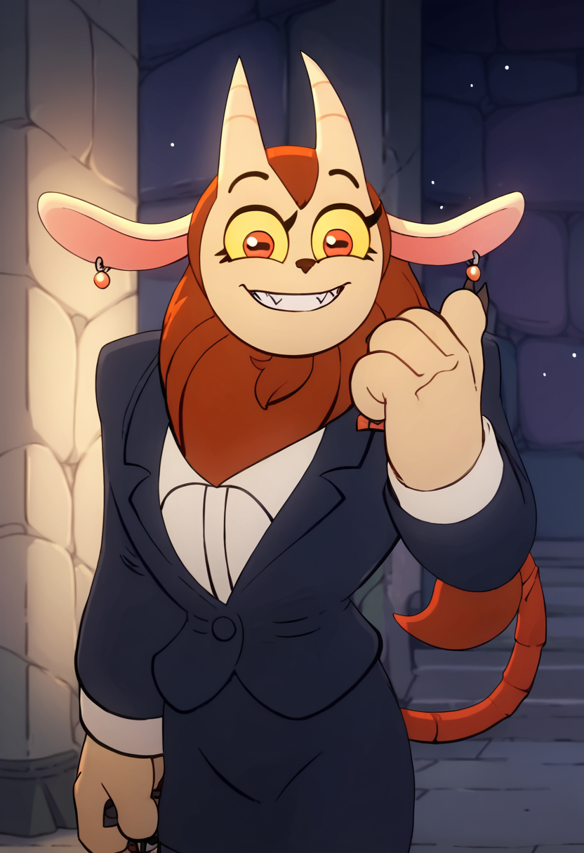 <lora:MaulieManticorePony1.0:1> maulie, horns, furry, solo, 1girl, earrings, animal ears, formal, suit, furry female, pencil skirt, red eyes, yellow sclera, tail, teeth, smile, fangs, score_9, score_8_up, score_7_up, score_6_up, score_5_up, score_4_up, looking at viewer, cowboy shot,upper body,