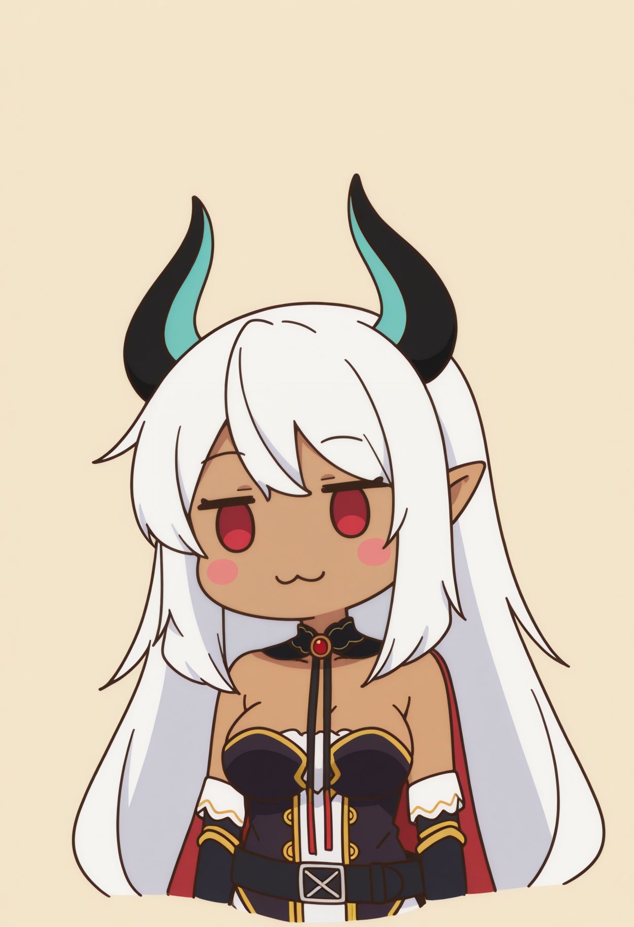 best quality, masterpiece, chibi, flat colors, limited palette, simple background, 1girl, solo, three quarters view,
 <lora:Belzebub illu:1> 1girl, horns, medium breasts, white hair, pointy ears, dark skin, dark-skinned female, red eyes,detached sleeves, belt, bare shoulders, :3, solid oval eyes, blush stickers, upper body,