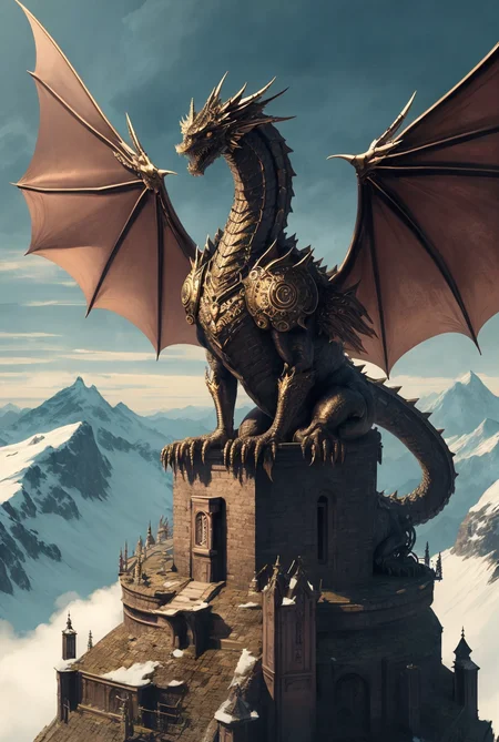 ancient clockwork mechanical bronze metallic dragon perched sitting on mountain peak spire large wingspan
(masterpiece:1.2) (illustration:1.1) (best quality:1.2) (detailed) (intricate) (8k) (HDR) (wallpaper) (cinematic lighting) (sharp focus)