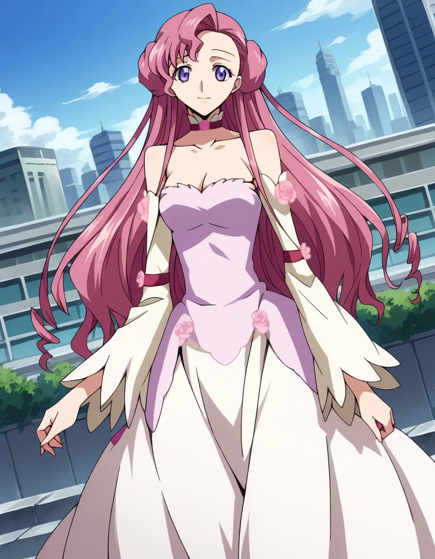 score_9, score_8_up, score_7_up, source_anime,
euphemialibritannia, <lora:euphemia-li-britannia-s1-ponyxl-lora-nochekaiser:1>,
euphemia li britannia, doughnut hair bun, hair bun, hair flower, hair ornament, long hair, pink hair, purple eyes,
bare shoulders, bow, cleavage, dress, frills, lace, ribbon, collarbone, choker, long sleeves, wide sleeves, long dress,
outdoors, cityscape, smile,
looking at viewer, dutch angle, cowboy shot, solo,