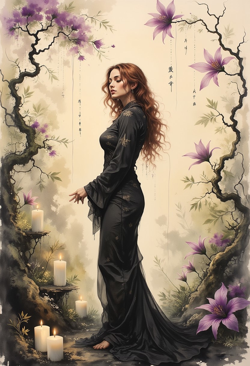A graceful watercolor portrait of a woman standing in a relaxed, flowing pose, her body curving elegantly as her long hair cascades in soft curls around her. Her expression is serene and dreamlike, her eyes half-closed as if lost in thought as her hands are held out slightly from her hips. She seems to be concentrating on spell work as intricate runes and patterns of light weave around her. She wears a structured dark dress with organic, curving patterns. Her hair is red, long and curly, giving her an ethereal, surreal presence. On the ground below her are candles. The art style is Art Nouveau, illustrated with graceful, flowing lines and organic curves. The color palette is soft and pastel, blending muted purples, pinks, and golds to create a dreamlike atmosphere. The background is a swirling, abstract landscape, painted with flowing vines, thorns, blooming strange flowers, and arching branches that twist and curl around her. The flowers are glowing softly, and the vines drift weightlessly, blending natural elegance with a spell like scene.