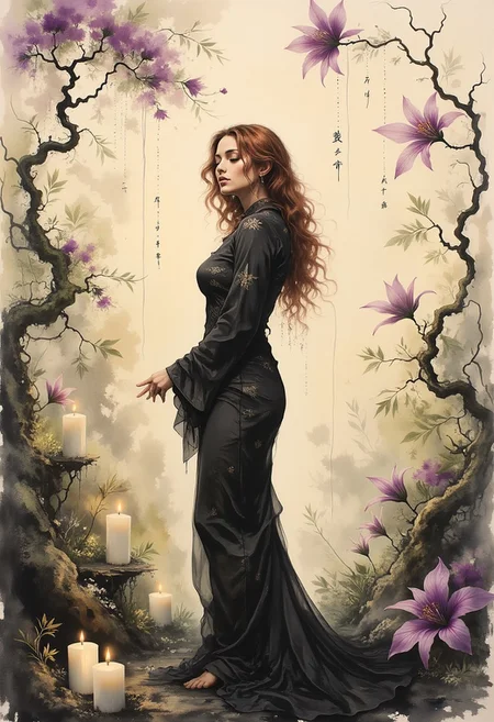 A graceful watercolor portrait of a woman standing in a relaxed, flowing pose, her body curving elegantly as her long hair cascades in soft curls around her. Her expression is serene and dreamlike, her eyes half-closed as if lost in thought as her hands are held out slightly from her hips. She seems to be concentrating on spell work as intricate runes and patterns of light weave around her. She wears a structured dark dress with organic, curving patterns. Her hair is red, long and curly, giving her an ethereal, surreal presence. On the ground below her are candles. The art style is Art Nouveau, illustrated with graceful, flowing lines and organic curves. The color palette is soft and pastel, blending muted purples, pinks, and golds to create a dreamlike atmosphere. The background is a swirling, abstract landscape, painted with flowing vines, thorns, blooming strange flowers, and arching branches that twist and curl around her. The flowers are glowing softly, and the vines drift weightlessly, blending natural elegance with a spell like scene.