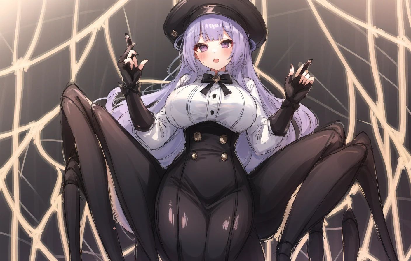 1girl, arachne, arthropod girl, arthropod limbs, black gloves, black headwear, black skirt, breasts, carapace, elbow gloves, extra legs, gloves, hat, high-waist skirt, large breasts, long hair, monster girl, multiple legs, partially fingerless gloves, purple eyes, purple hair, skirt, solo, spider girl, taur, lansane, original, tarantula leg, <lora:spider_girl_v1:1.5>, (spider web:1.4)