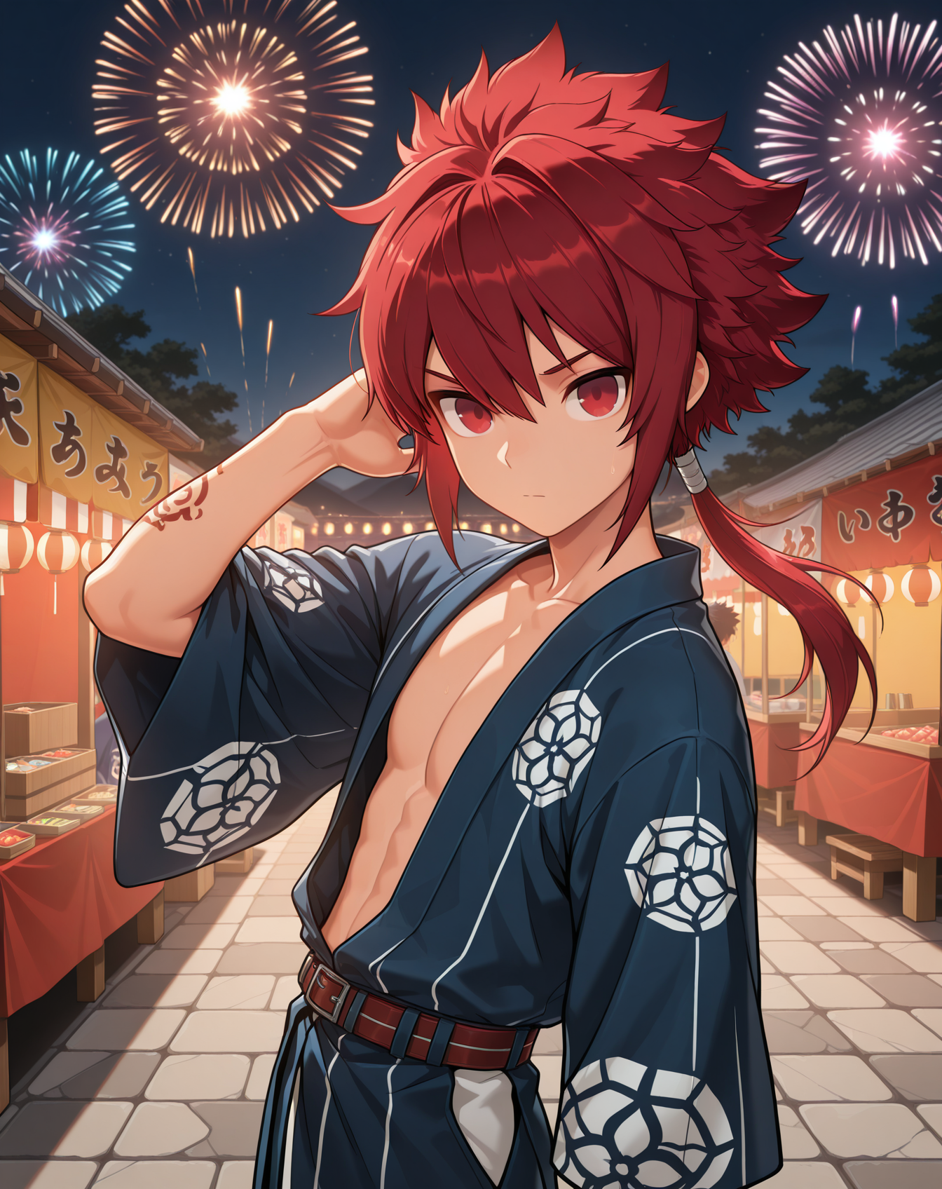 masterpiece,best quality,amazing quality, newest, very aesthetic, absurdres,
1boy, solo, yaoi, male focus, looking at viewer, cowboy shot,
 <lora:Elsword_Rune_Slayer_ilxl:1> elswordrs, red hair, red eyes, arm tattoo, spiked hair, ponytail, long hair,
yukata, open clothes,
outdoors, festival, night, fireworks, stone floor,