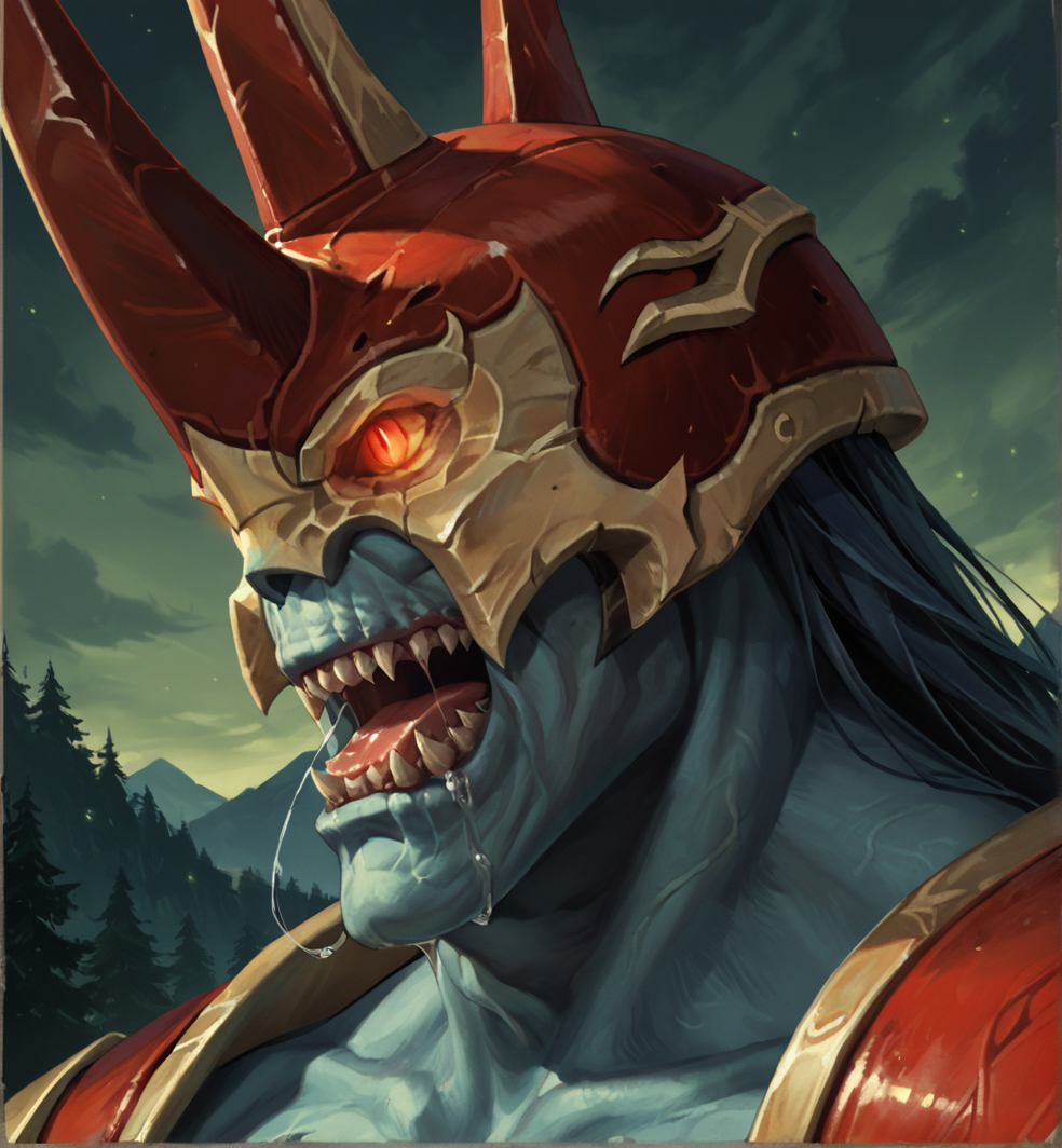 safe_pos, score_9_up,score_8_up,score_7_up,score_6_up,score_5_up,score_4_up, masterpiece, high quality, digital painting, source_furry, source_monster,  zPDXL3, BREAK,
close up, portrait, three quarter view, side view, open mouth, roar, saliva, drool, saliva strand, sharp teeth, 
felguard, demon, monster, horror (theme), armor, shoulder armor, shoulder pad, veins, glowing eyes, helmet, back spikes, 
<lora:Felguard for PonyXL_v2:0.6>, <lora:AdvancedEnhancerXLv2:4>