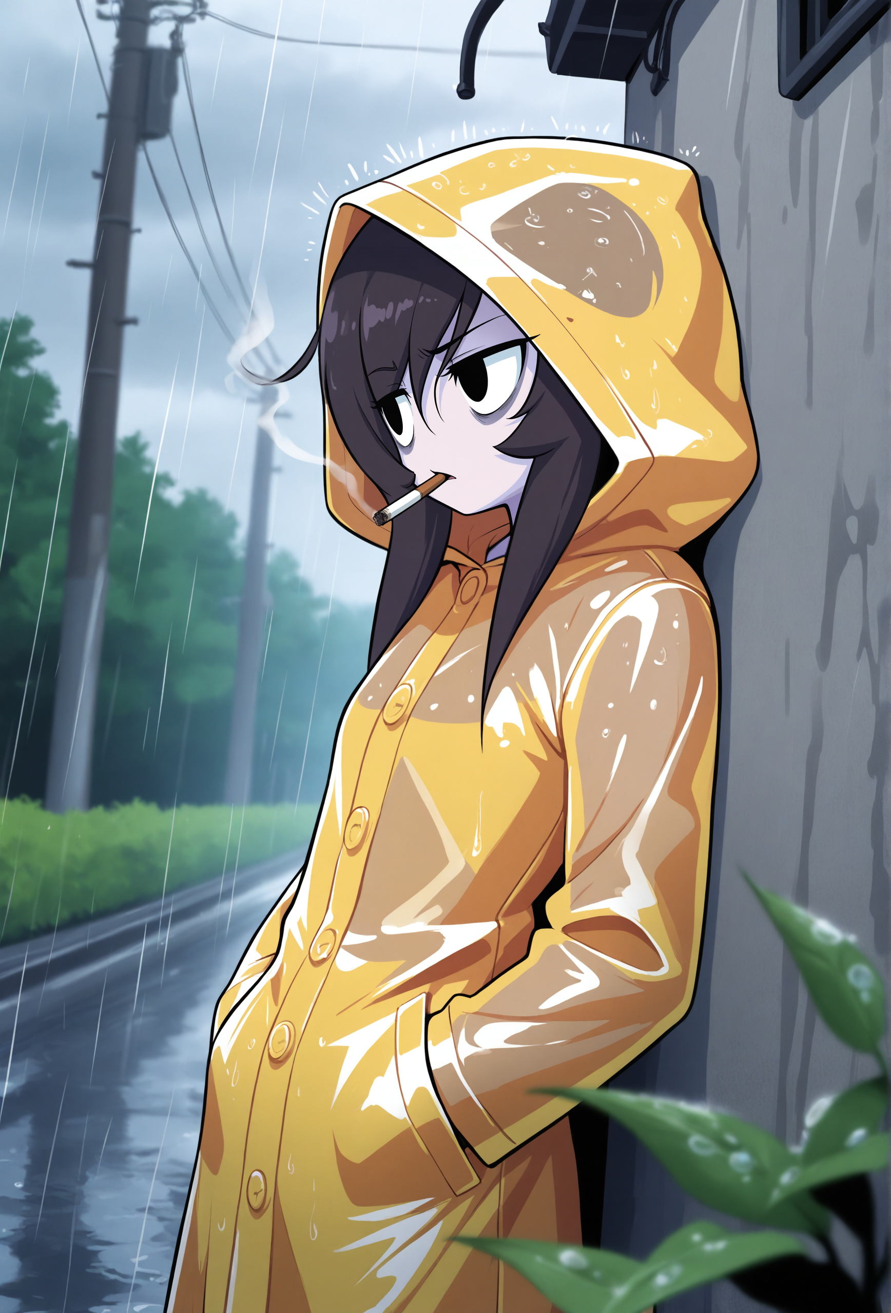 masterpiece,best quality,amazing quality, <lora:rosemary_cabronpr_noob_vpred_v1.1f:1> rosemary, 1girl, solo, black eyes, no nose,bags under eyes, smoking, cigarette, BREAK
(depth of field:1.3), raincoat, hood up, rain, overcast, outdoors, tree, utility pole, road, leaning back, against wall,