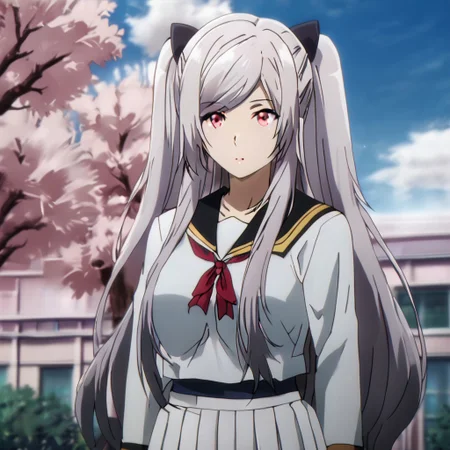 Black hair ribbon, gray hair, long hair, twintails, red eyes, large breasts, two side up, single hair bun, ponytail, wearing a classic Japanese school uniform with a pleated skirt and sailor top, standing in a school courtyard, cherry blossoms falling, sunny day, cheerful and serene atmosphere