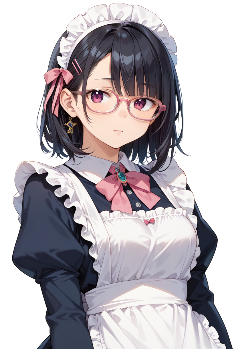 score_9, score_8_up, score_7_up, rating_safe, masterpiece, best quality, absurdres, unity 8k wallpaper, official art, official style, source_anime, uncensored, game cg, megami magazine,
1girl, solo, black hair, medium hair, upper body, covered eyes,maid, maid headdress, black dress, maid apron, face focus,
oval_cell, glasses, still life, white background, simple background, pink-framed eyewear,
 <lora:glasses_OvalCell1_PONY_V1:1>