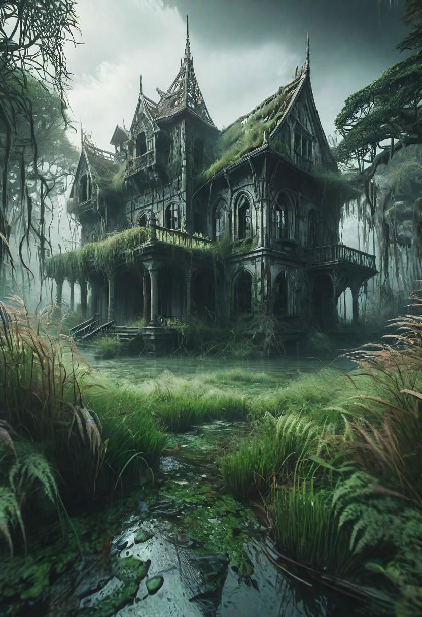 hd, 8k, masterpiece, award winning illustration  of an abandoned mansion covered with grass in a swamp, dungeons and dragons style, fantasy, group of adventurers outside, intricate details, heroic fantasy, spooky, fandist, GhostlyStyle