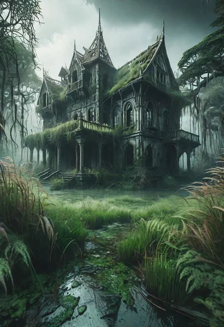 hd, 8k, masterpiece, award winning illustration of an abandoned mansion covered with grass in a swamp, dungeons and dragons style, fantasy, group of adventurers outside, intricate details, heroic fantasy, spooky, fandist, GhostlyStyle