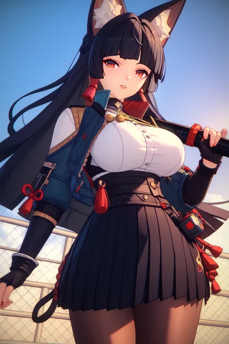 ZZZ_Style,<lora:ZZZ_Style_Pony:1> <lora:ZenlessZoneZeroPDXL:1>hoshimi miyabi, fox ears, red eyes, black hair, long hair, jacket turquoise color, black skirt, black pantyhose,large breast,(ears hidden behind hair)bangs, blunt bangs,black gloves,fingerless gloves,, Score_9, Score_8_up, Score_7_up, Score_6_up, Score_5_up, Score_4_up, BREAK,1girl in full growth, best quality, masterpiece, ultra-detailed, high quality,good quality,1 girl,(master piece,high resolution, ultra detailed,8K,16K),look at viewer