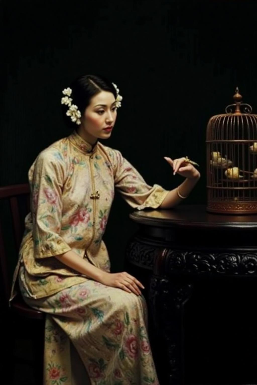 chenyifei1 painting.
A woman in a traditional cheongsam is seated in front of a dark background. She has an elegant, serene expression, with her dark hair adorned with white flowers. She is looking at a birdcage placed on a small table on the right.
 <lora:chenyifei1_cap_d6a3:1.0><lora:839136992450241617:0>