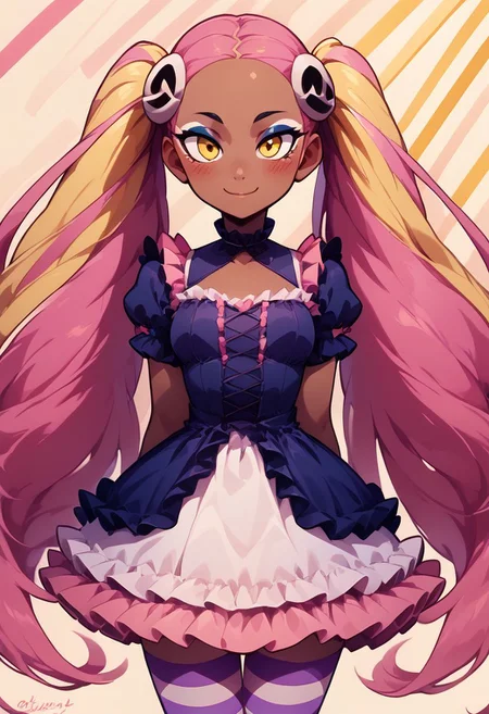 score_9, score_8_up, score_8, medium breasts, (curvy), cute, eyelashes,
BREAK,
zzPlumeria, pink hair, multicolored hair, blonde hair, two-tone hair, long hair, yellow eyes, hair ornament, quad tails, breasts, eyeshadow, skull hair ornament, dark skin,
BREAK,
closed mouth, alternate costume, smile, looking at viewer, blush,
zzLFashion, frilled dress, frills, bow, dress, striped thighhighs,,
zPDXL,