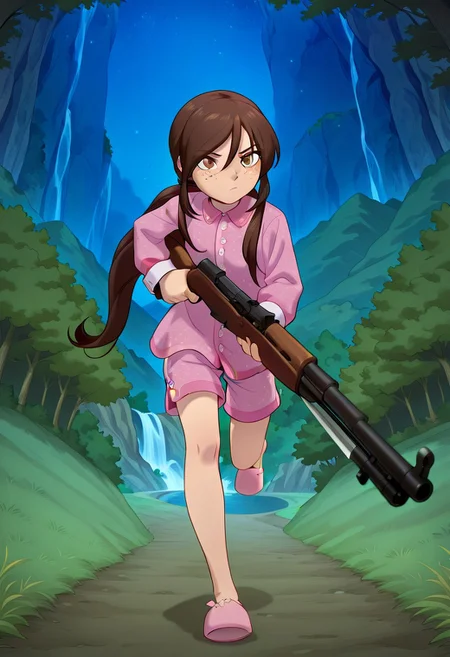masterpiece, best quality, absurdres, anime screenshot, 1girl, solo, female focus, Carol_CTO, freckles, brown hair, asymmetrical bangs, long bangs, bangs between eyes, sidelocks, very long hair, ponytail, low ponytail, ponytail holder, CTO_def, pajamas, pink pajamas, polkadot print, collared shirt, button-up shirt, white buttons, sleeve cuffs, pajama shorts, pink shorts, SKS, rifle, holding gun, holding weapon, running, running towards viewer, outdoors, hill, mountain, river, waterfall, grass, plain, tree, scenery, trial, dark, night, scenery, slippers,