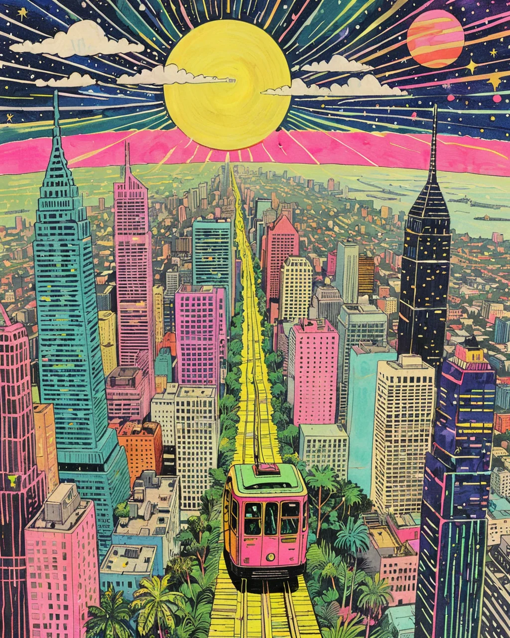 <lora:Psychedelic Vibes - Trigger with Psychvibes Artstyle:1> Dishwasher, cyberpunk aerial tramway with panoramic city views , psychvibes artstyle
