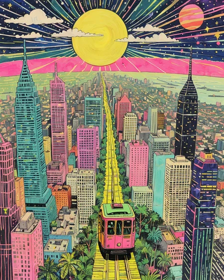 <lora:Psychedelic Vibes - Trigger with Psychvibes Artstyle:1> Dishwasher, cyberpunk aerial tramway with panoramic city views , psychvibes artstyle