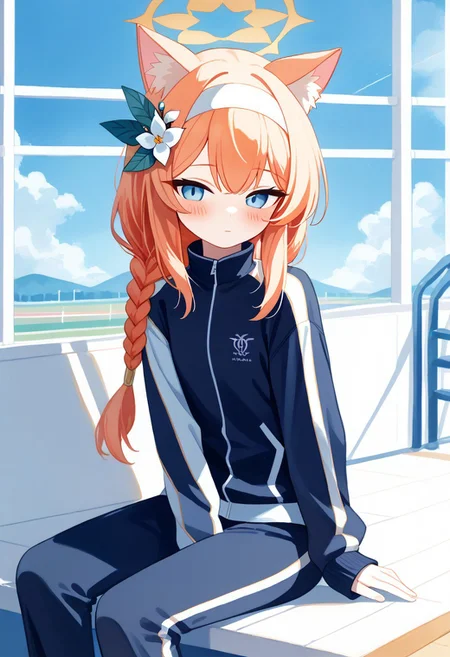 score_9, score_8_up, score_7_up, upper body Mari_(Track)_(Blue_Archive), blue_eyes, orange_hair, braid, long_hair, flat_chest, halo, hair_flower, animal_ear_fluff, gym_long pants,blue_pants,track_jacket, blue_jacket, white_hairband Mari_(Blue_Archive), Mari_(Blue_Archive), easynegative,
ncpy45 style watercolor
Indoors,sitting,looking outside,modern simple furniture